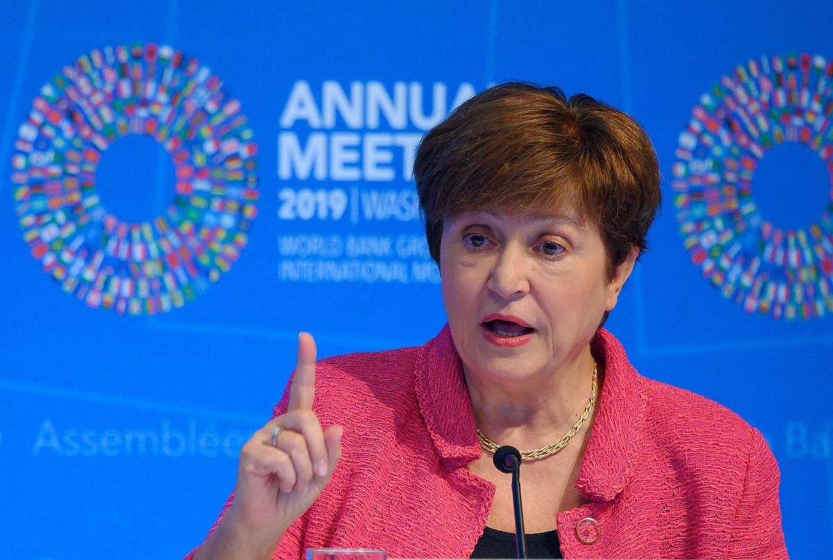 IMF Managing Director Kristalina Georgieva speaks at a news conference during the IMF/World Bank 2019 Annual Fall Meetings, in Washington, DC, on October 17, 2019. (Photo by AFP)