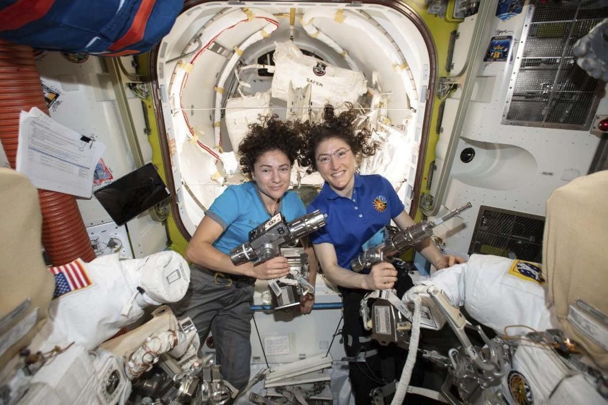  U.S. astronauts Jessica Meir, left, and Christina Koch pose for a photo in the International Space Station. On Friday, Oct. 18, 2019, the two are scheduled to perform a spacewalk to replace a broken battery charger. (AP/PTI Photo)