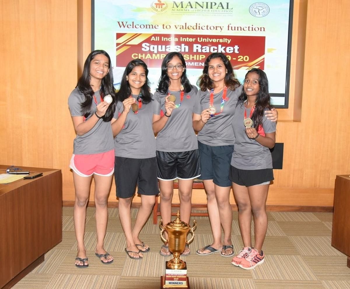 University of Madras team members who won All-India Inter-University Squash Championship for Women, at Manipal.
