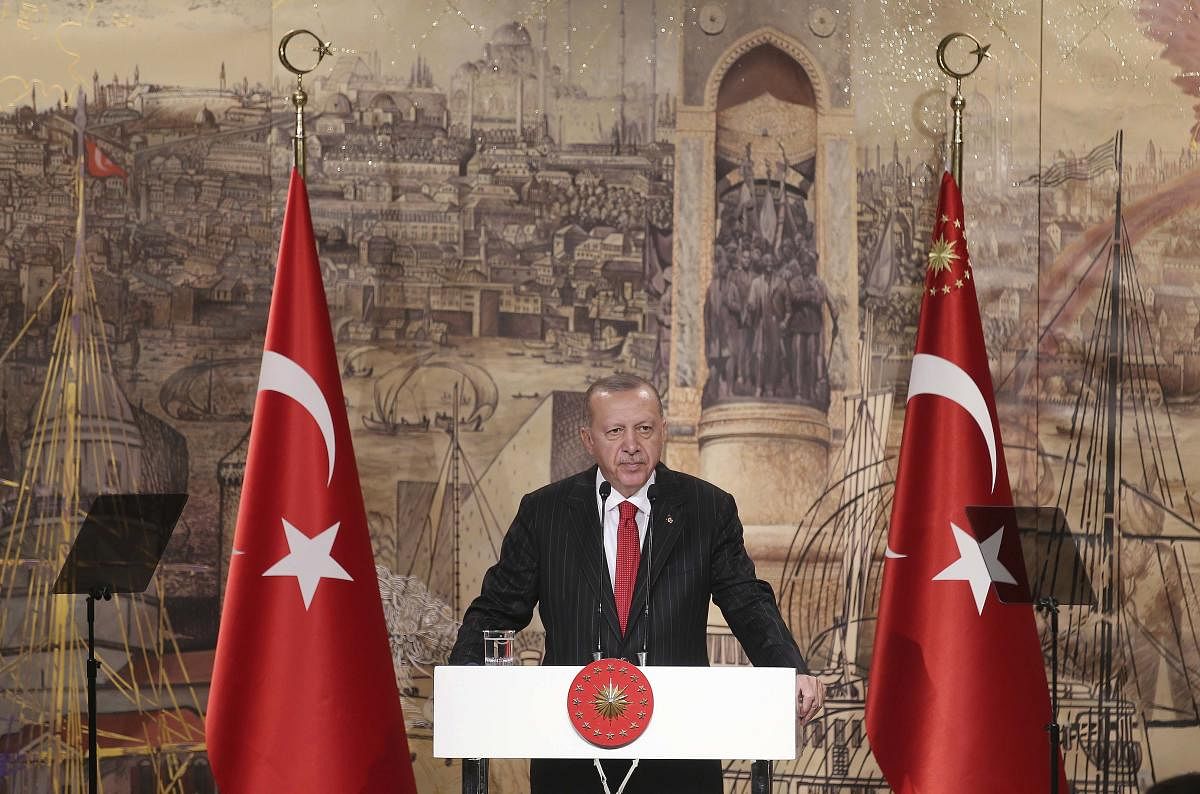 Turkish President Recep Tayyip Erdogan speaks to the foreign media, in Istanbul, Friday, Oct. 18, 2019. (AP/PTI)