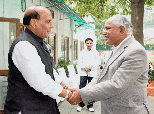 Former chief minister B&#8200;S&#8200;Yeddyurappa urges Rajnath to re-induct KJP leaders into BJP. PTI image