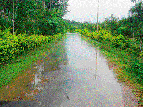 Movement of vehicles on Kedamullur Church Road was disrupted following flooding, in Virajpet. DH photo