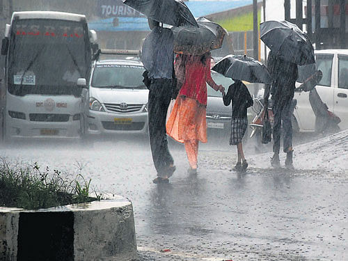 Torrential: People take shelter under umbrellas during heavy rain in Madikeri on Monday. DH Photo