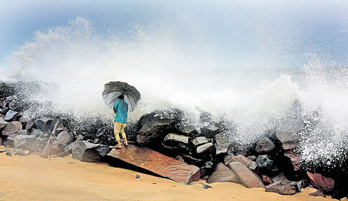 Though monsoon has just commenced in coastal region, sea erosion has already started in  Ullal of Dakshina Kannada district. Huge waves have started to lash the shores. A view on Wednesday. DH photo / Govindraj Javali