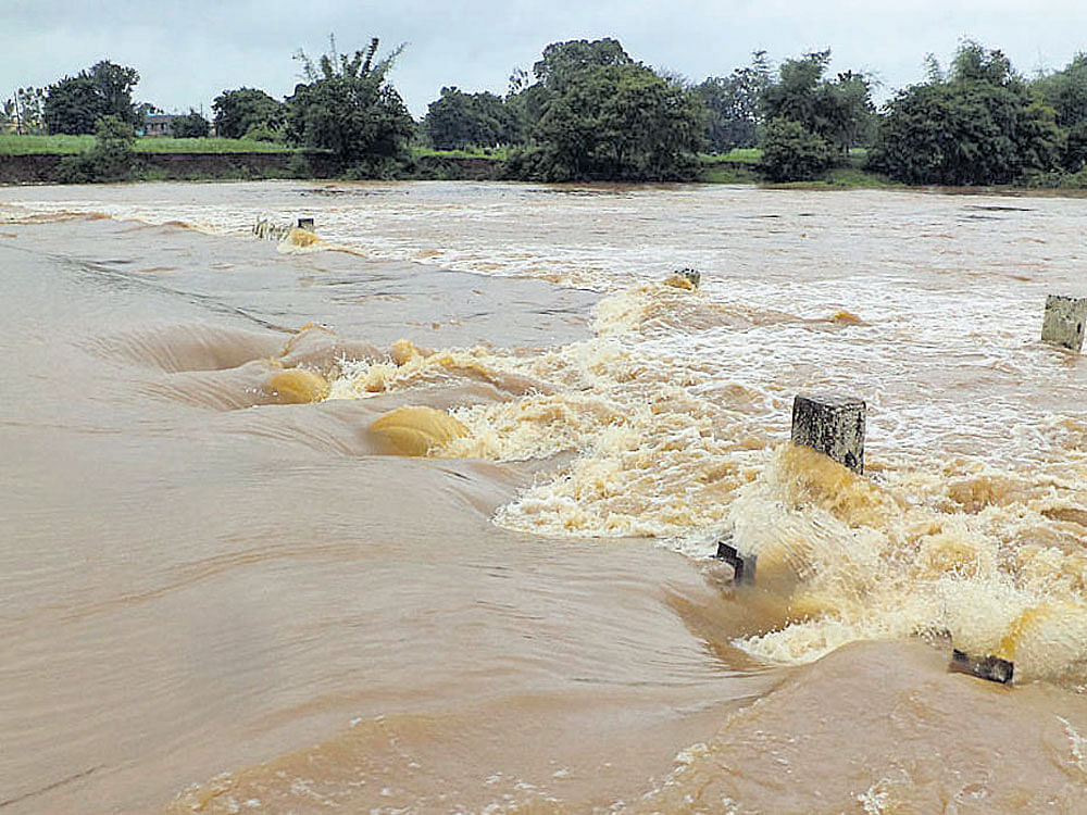 The old bridge across River Malaprabha in Khanapur town of Belagavi district is under water owing to heavy rains. DH&#8200;photo