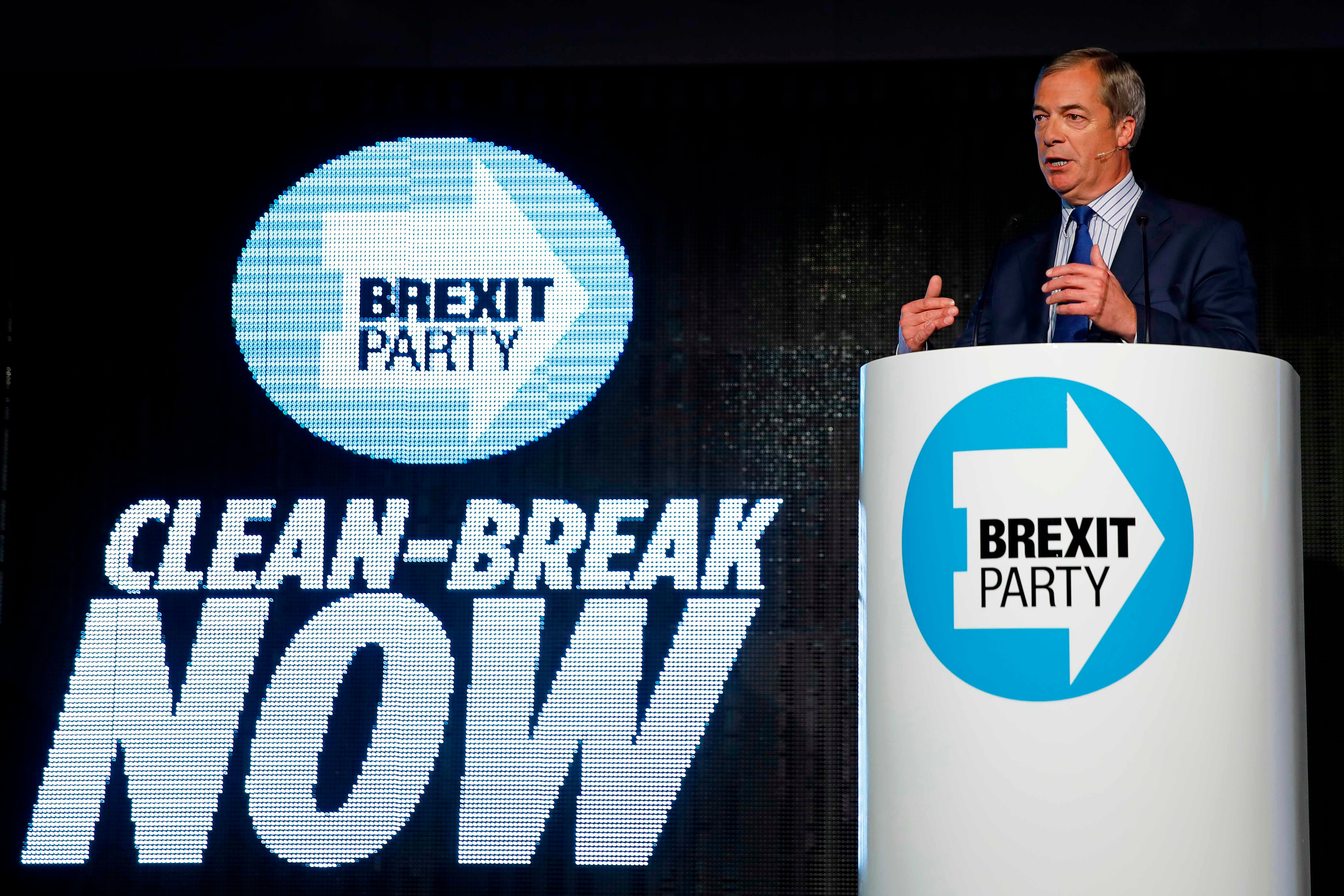 Brexit Party leader Nigel Farage delivers a speech to supporters in Westminster, central London. (AFP Photo)