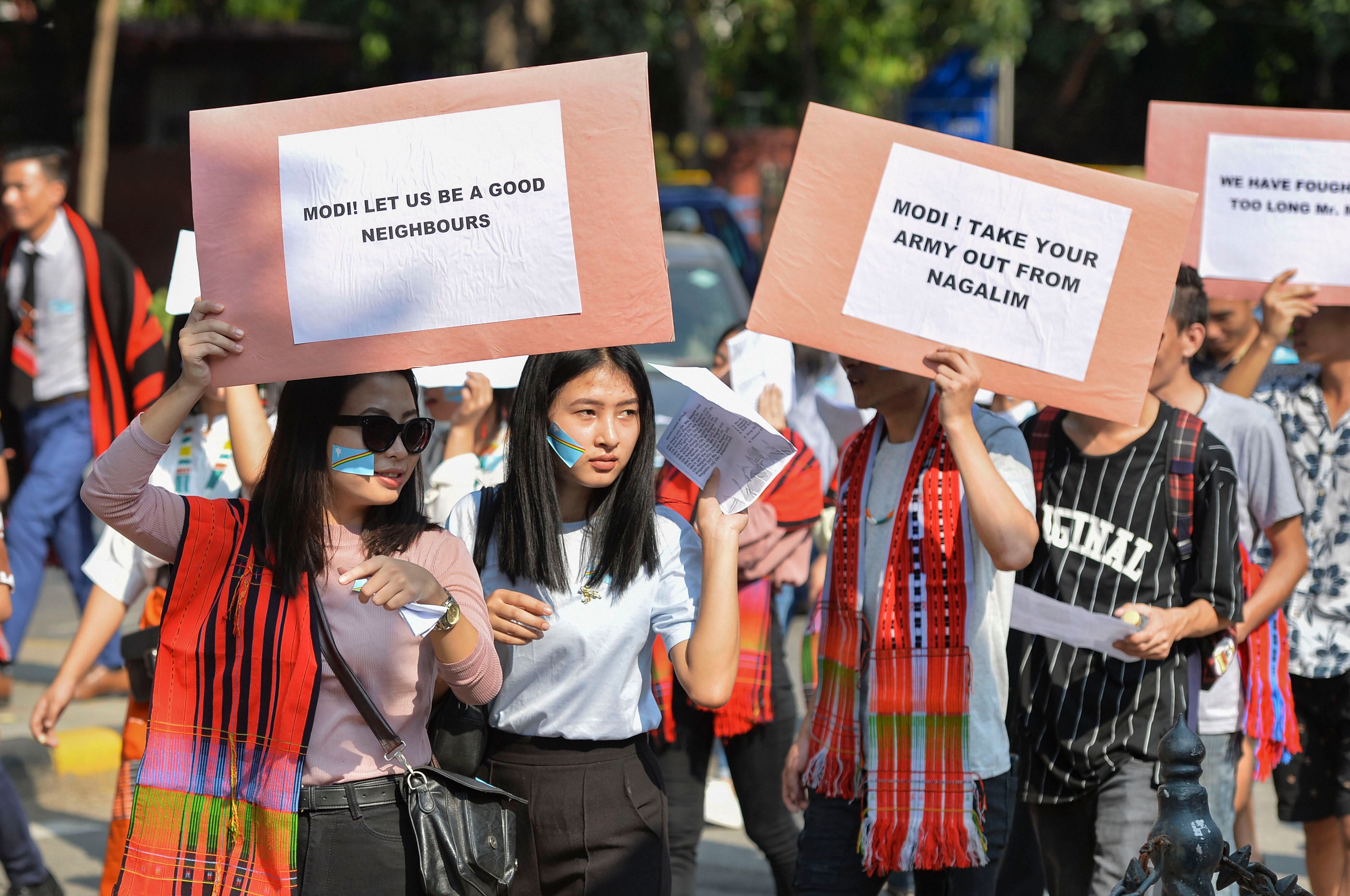 Delhi based students from Nagaland stage a protest march demanding solution to the issue of Naga peace talks, and a decision on the framework agreement, in New Delhi. (PTI Photo)