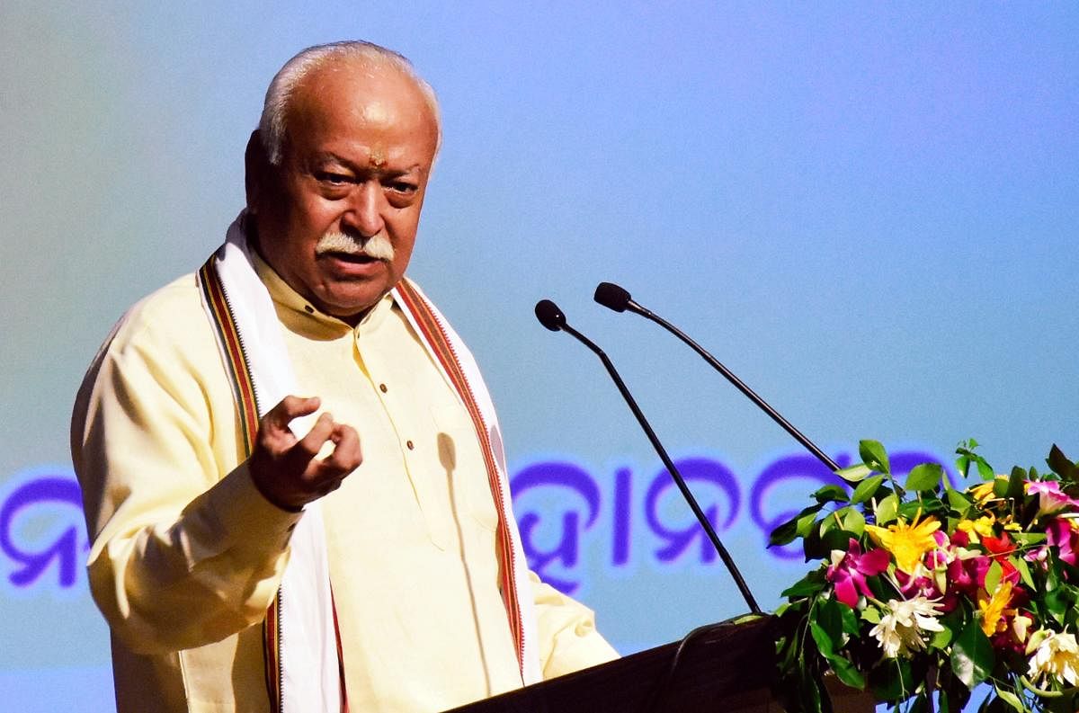 RSS chief Mohan Bhagwat addresses an intellectual meet in Bhubaneswar on Saturday. (PTI Photo)