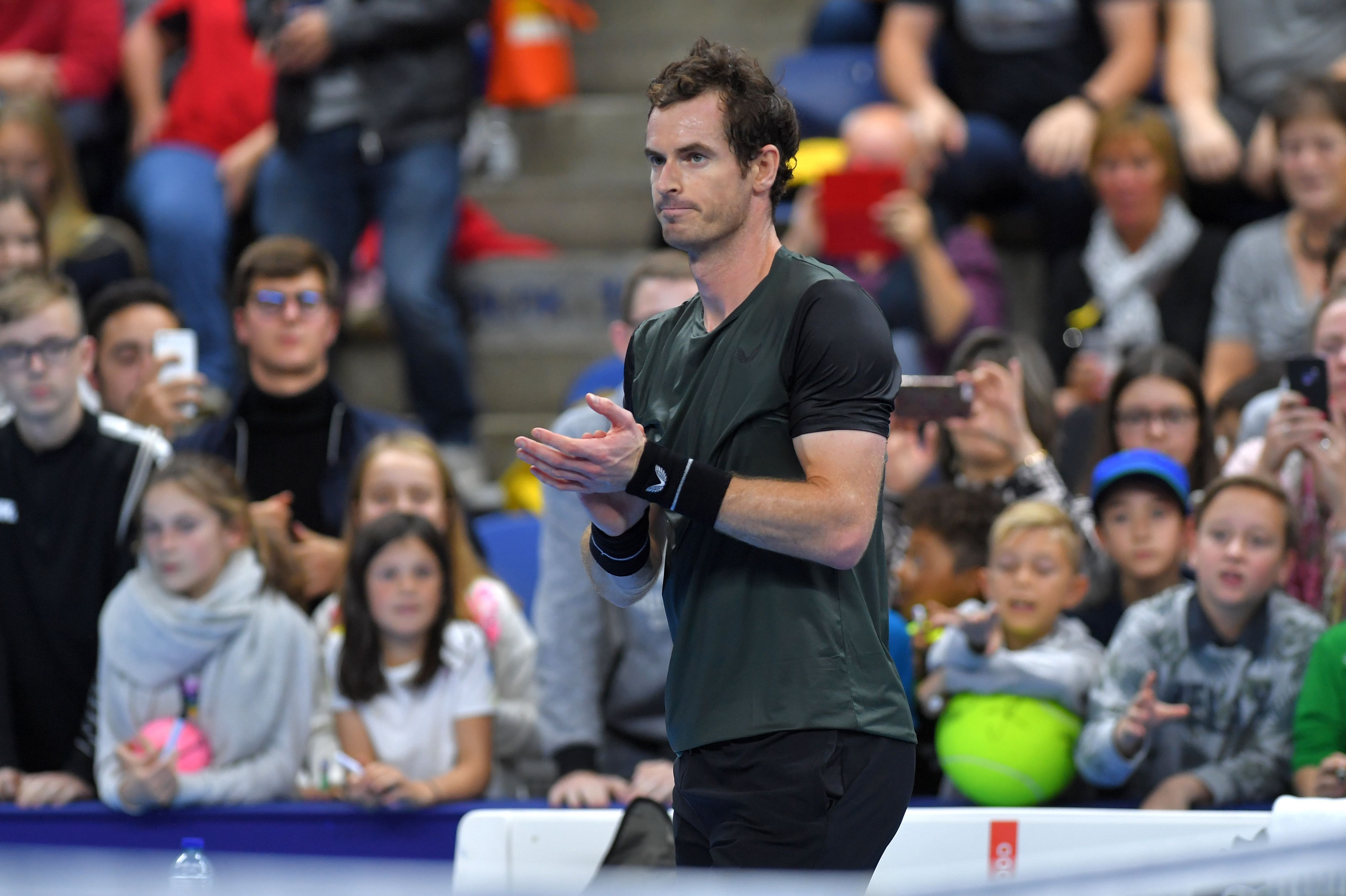 British Andy Murray celebrates after winning a tennis match againstUruguayan Pablo Cuevas in the second round of the men's singles tournament at the European Open ATP Antwerp. (AFP Photo)