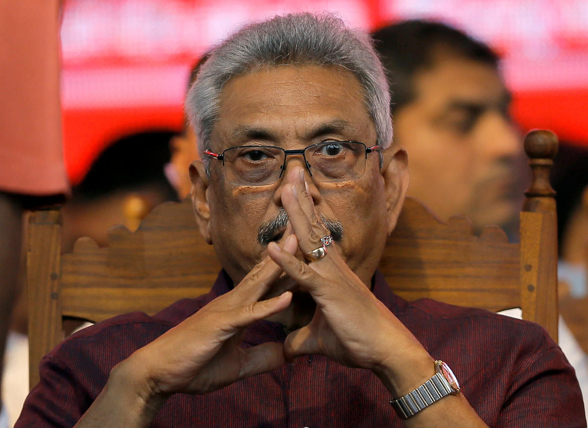 Sri Lanka People's Front party presidential election candidate and former wartime defence chief Gotabaya Rajapaksa looks on during an election campaign rally. REUTERS Photo