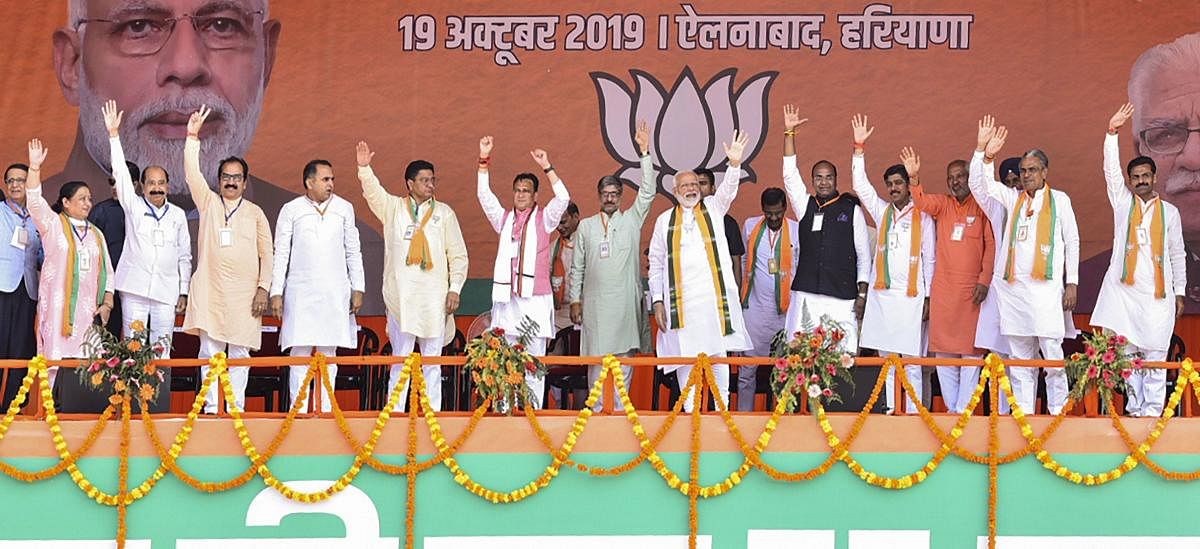 The BJP’s narrative, largely surrounding national security, nationalism, abrogation of article 370, the Rafael jet advantage and Balakot surgical strikes, was juxtaposed with the achievements of Chief Minister Manohar Lal Khattar’s five years of rule. (PTI File Photo)