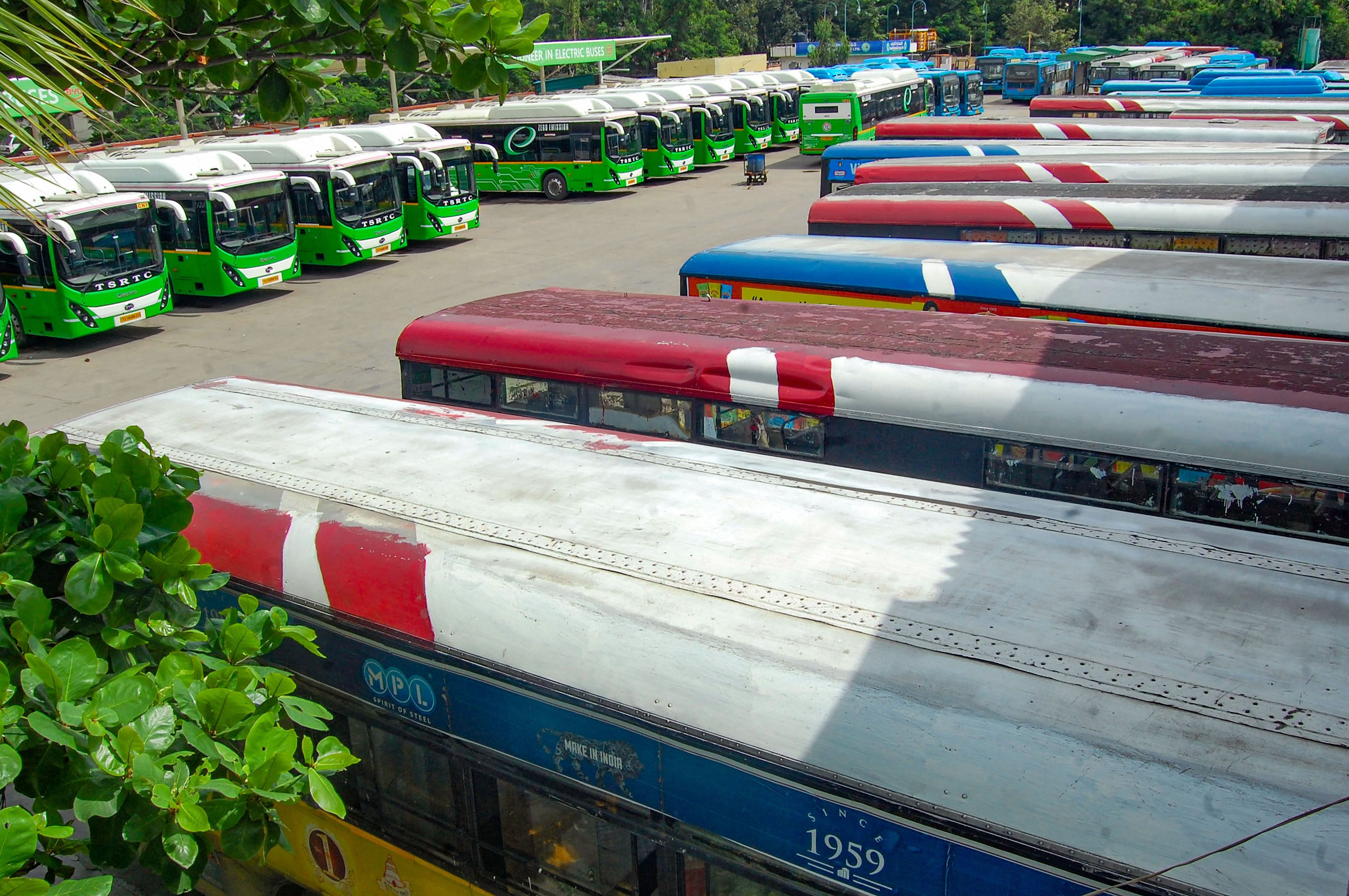 Buses parked at a depot during TSRTC employees' strike over completion of their various demands, at Secundrabad in Hyderabad. (PTI Photo)