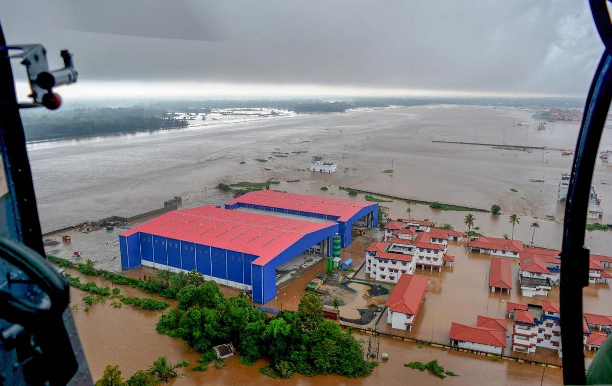 An aerial view of flooded areas of Kerala, on Monday, Aug. 20, 2018. (Coast Guard Handout Photo via PTI)