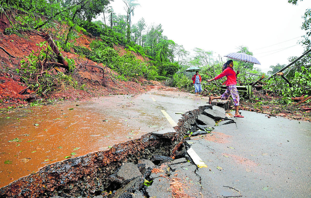 A woman crosses a gaping crack in the Madikeri-Mangaluru road damaged by a landslide. DH Photo