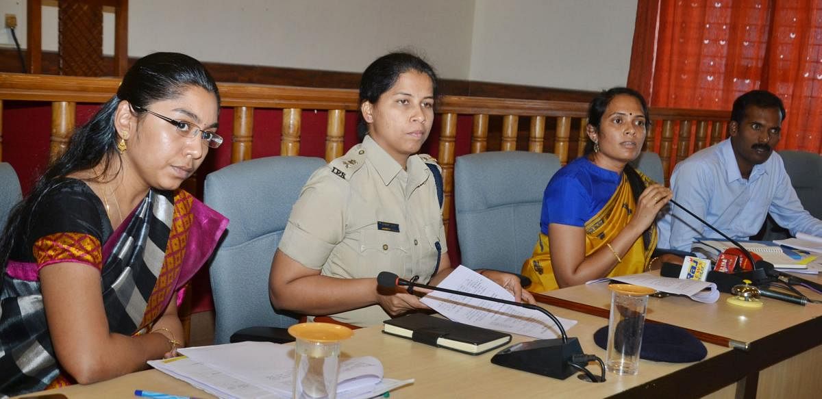 Deputy Commissioner Annies Kanmani Joy speaks during a press conference in Madikeri on Wednesday. Zilla Panchayat CEO K Lakshmi Priya, Superintendent of Police Dr Suman D Pennekar and Additional Deputy Commissioner T Yogesh look on.
