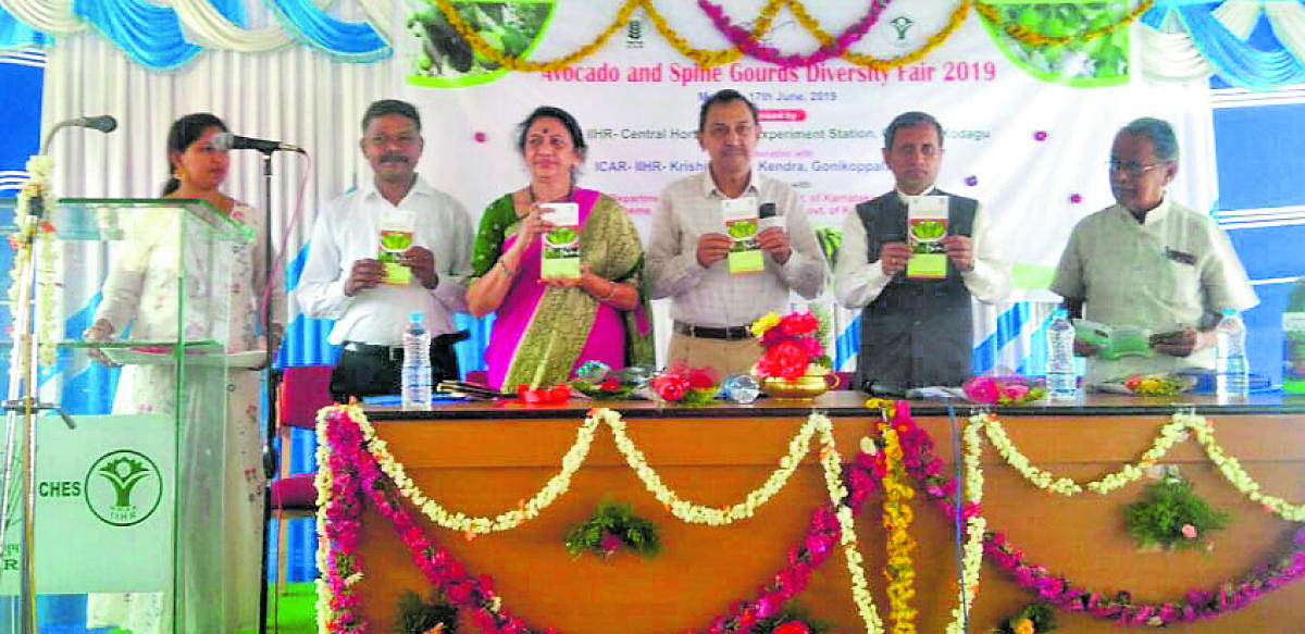 Dignitaries release a newsletter on avocado and spine gourd, at a programme at Central Horticultural Research Centre in Chettalli on Monday.