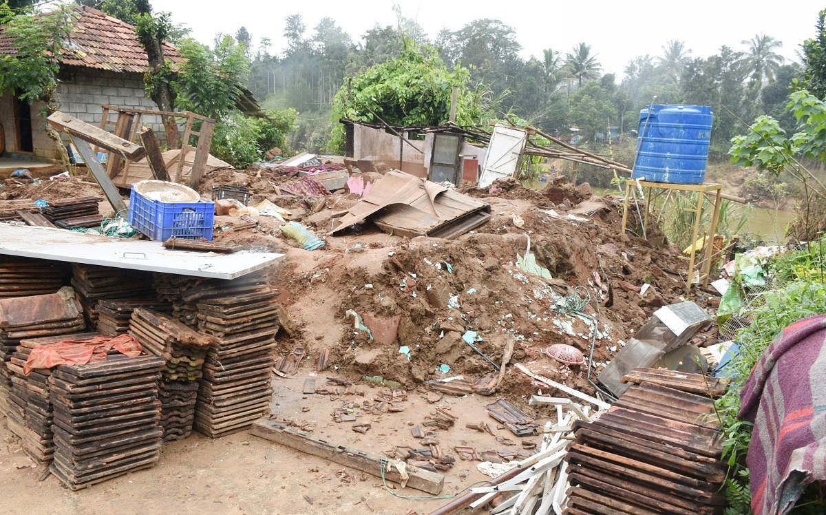 A house destroyed by the floods in Kodagu district.