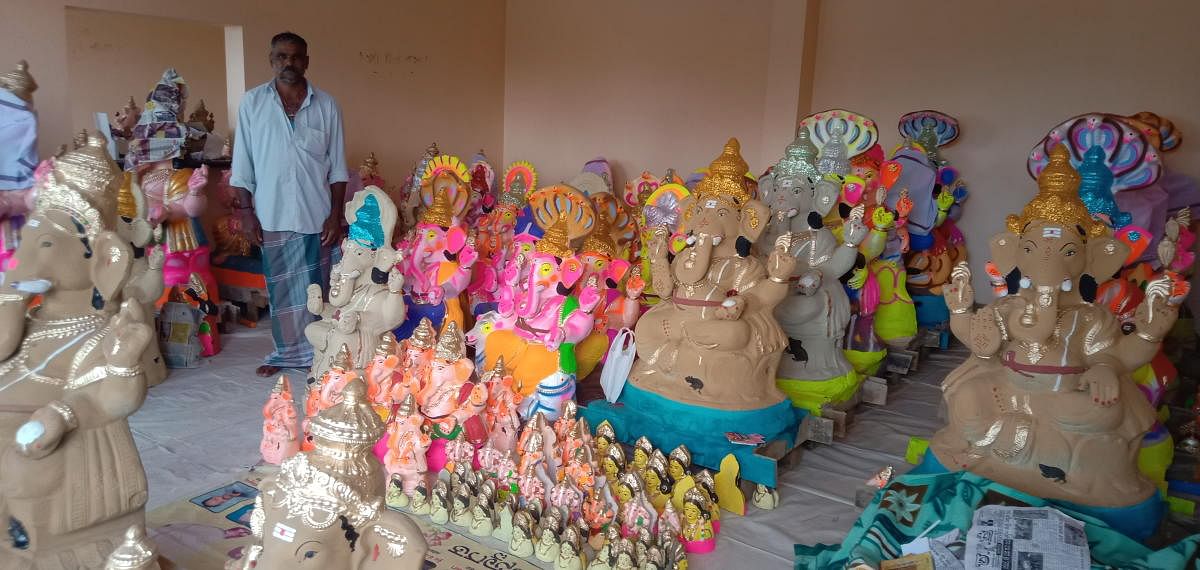Ganesha idols in a variety of shapes and sizes have been kept for sale in a stall in bypass road of Kushalnagar town in Kodagu district.