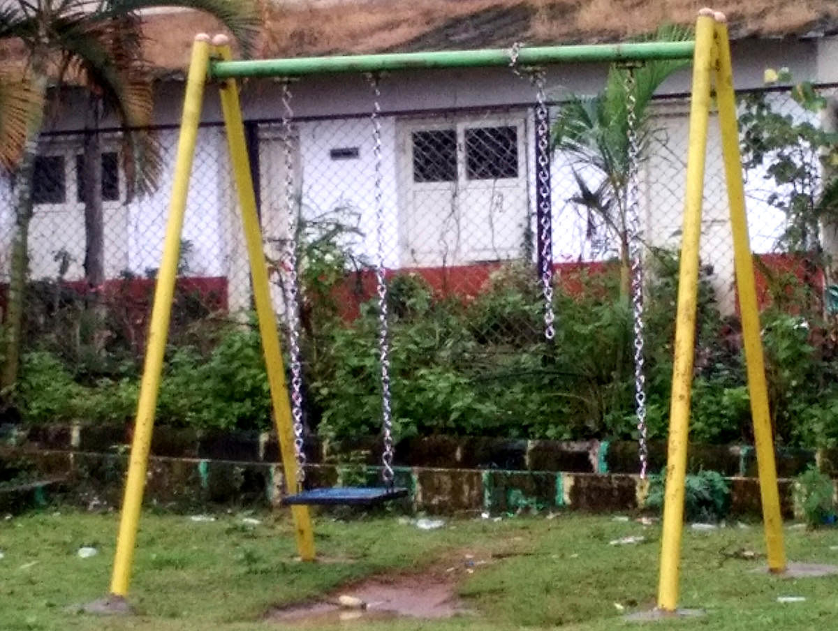 A broken swing at the park in front of N R Pura Town Panchayat.