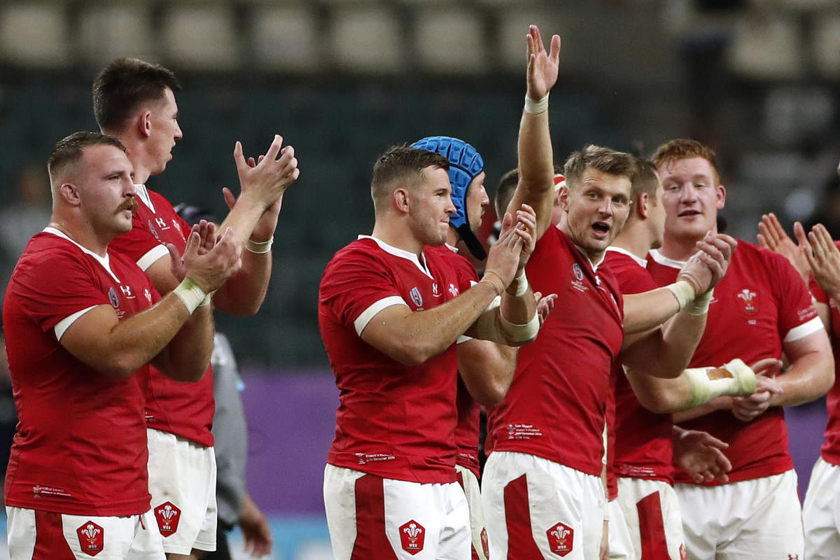 Rugby Union - Rugby World Cup 2019 - Quarter Final - Wales v France - Oita Stadium, Oita, Japan - October 20, 2019 Wales players celebrate after the match. Reuters