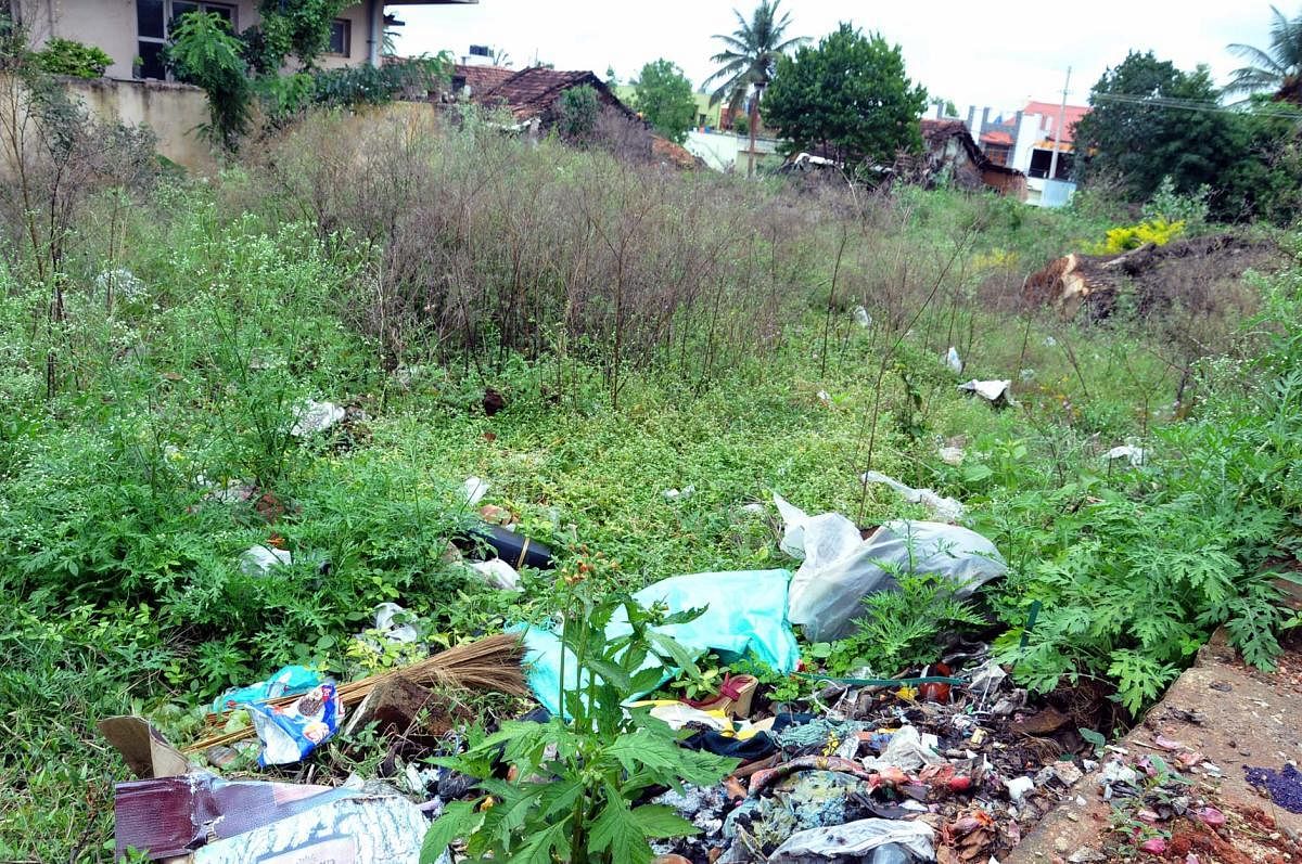 Garbage dumped on a vacant plot at Jayanagara in Chikkamagaluru.