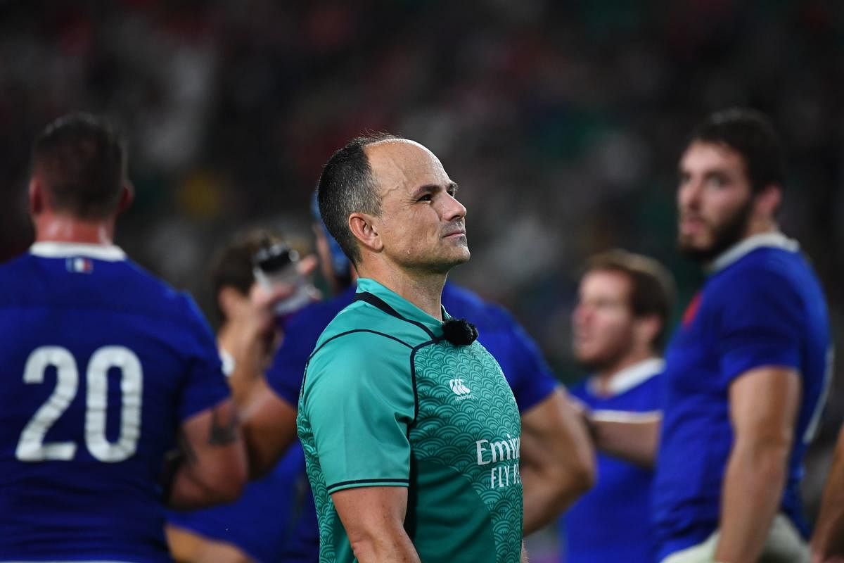 Referee Jaco Peyper looks on during the Japan 2019 Rugby World Cup quarter-final match between Wales and France at the Oita Stadium in Oita on October 20, 2019. (Photo by GABRIEL BOUYS / AFP)