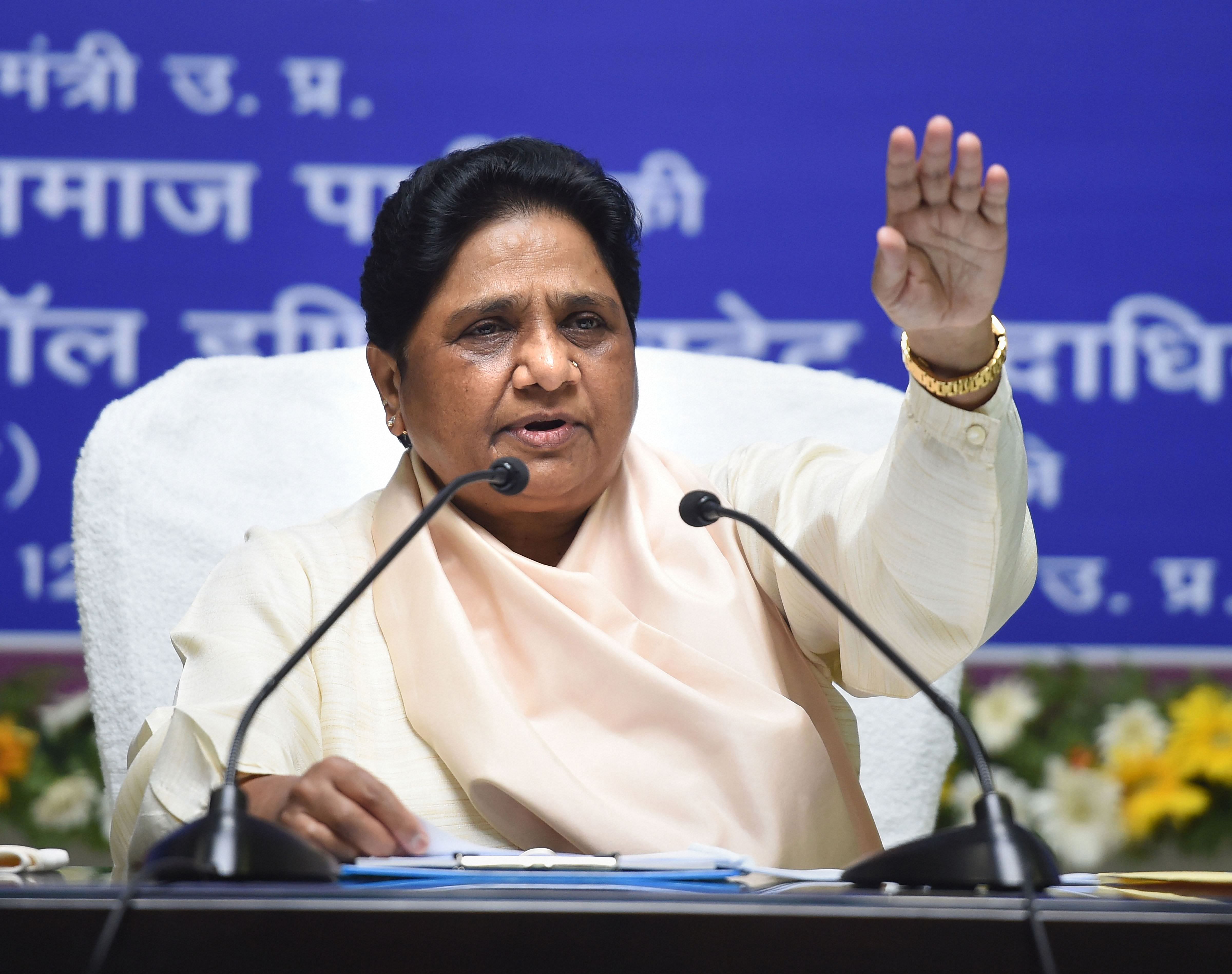 Bahujan Samaj Party (BSP) supremo Mayawati addresses the party workers during a meeting, at BSP headquarters in Lucknow. (PTI Photo)