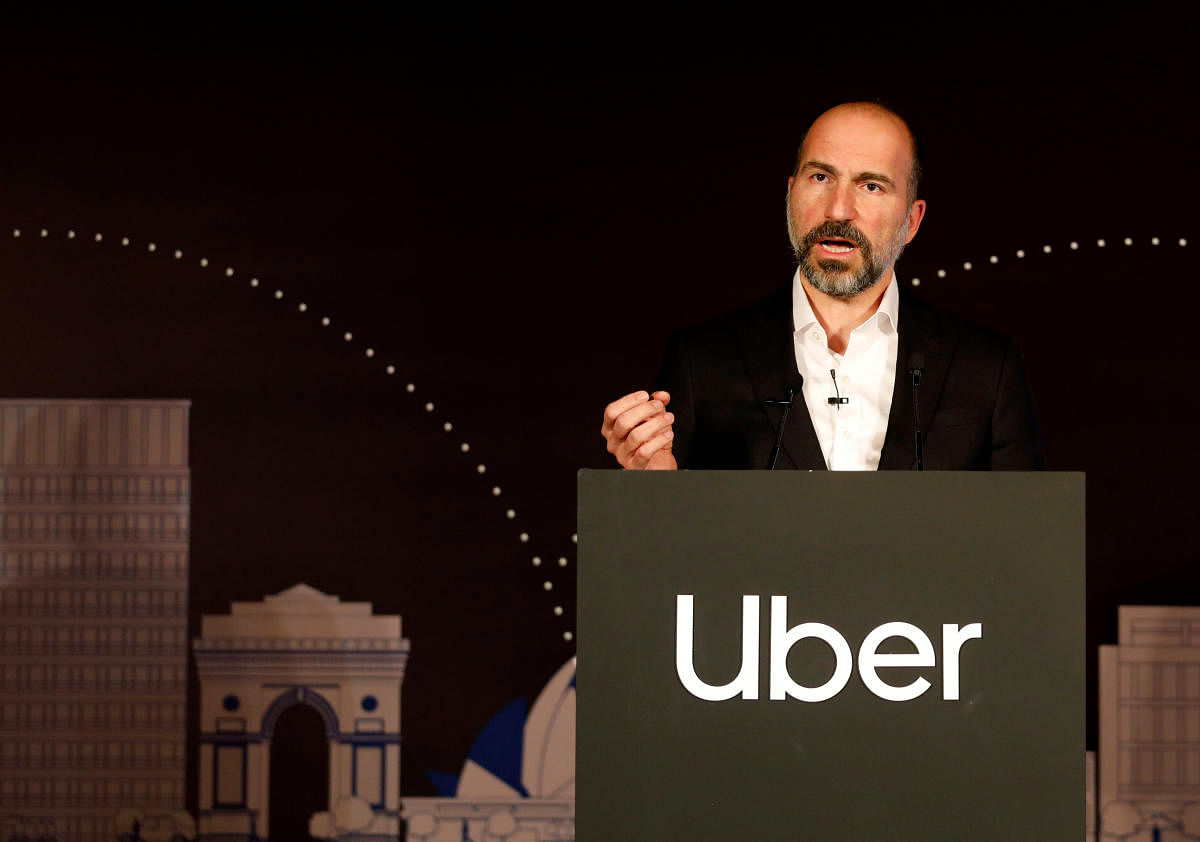 Uber CEO Dara Khosrowshahi speaks to the media at an event in New Delhi, India, October 22, 2019. REUTERS/Anushree Fadnavis