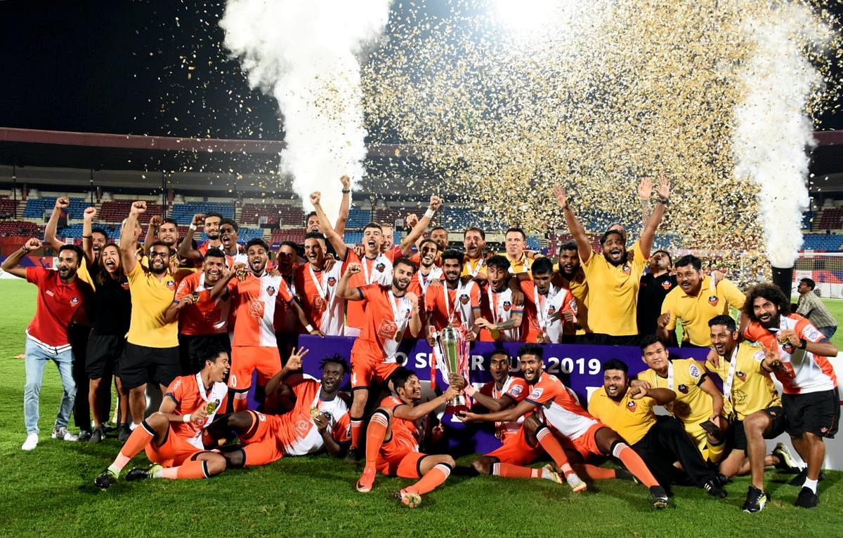 FC Goa players celebrate after beating Chennaiyin FC in the final of the Hero Super cup 2019 football at Kalinga stadium in Bhubaneswar on Saturday, April 13, 2019. PTI file photo