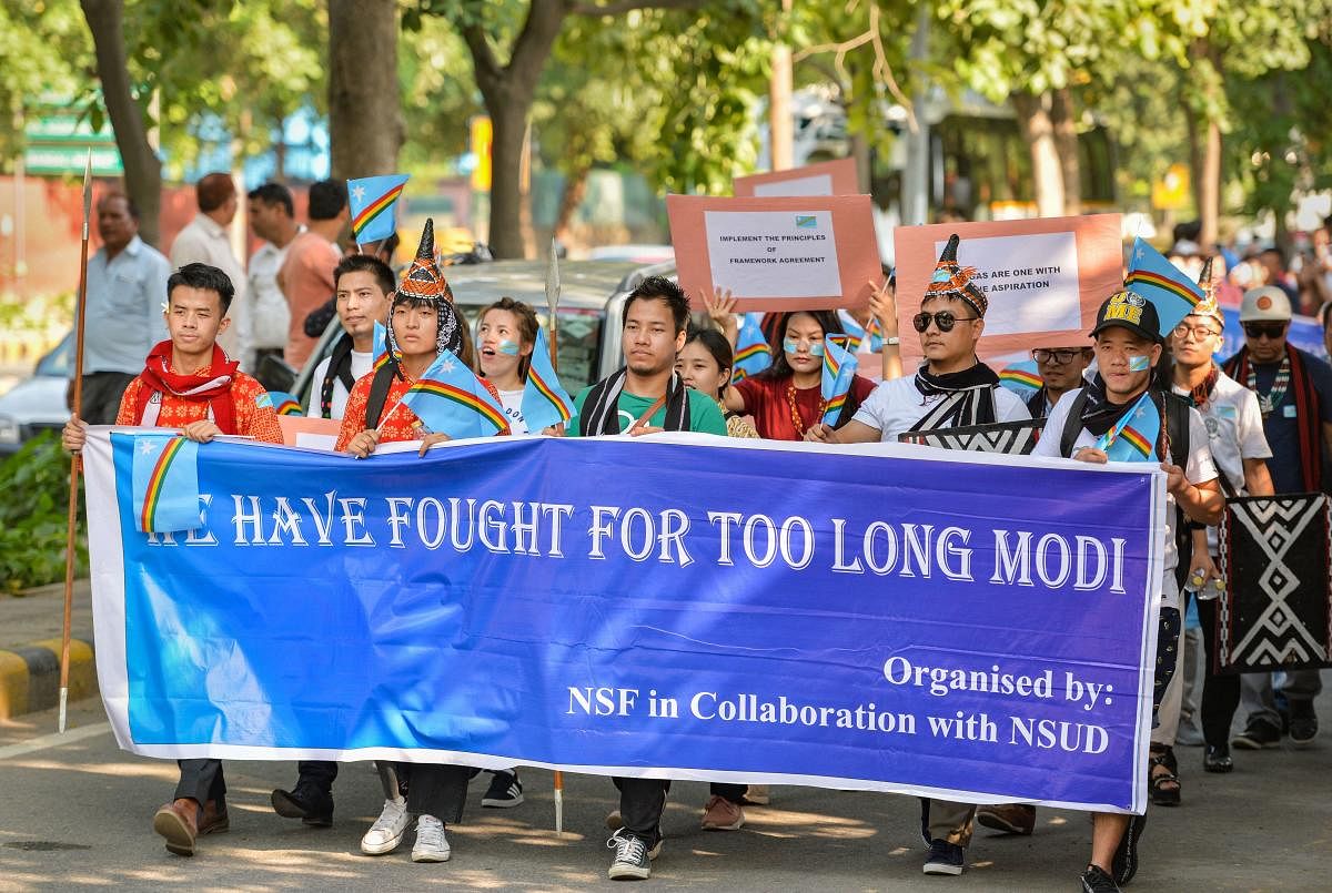 Delhi based students from Nagaland stage a protest march demanding solution to the issue of Naga peace talks, and a decision on the framework agreement, in New Delhi on Sept. 25, 2019. (PTI Photo)
