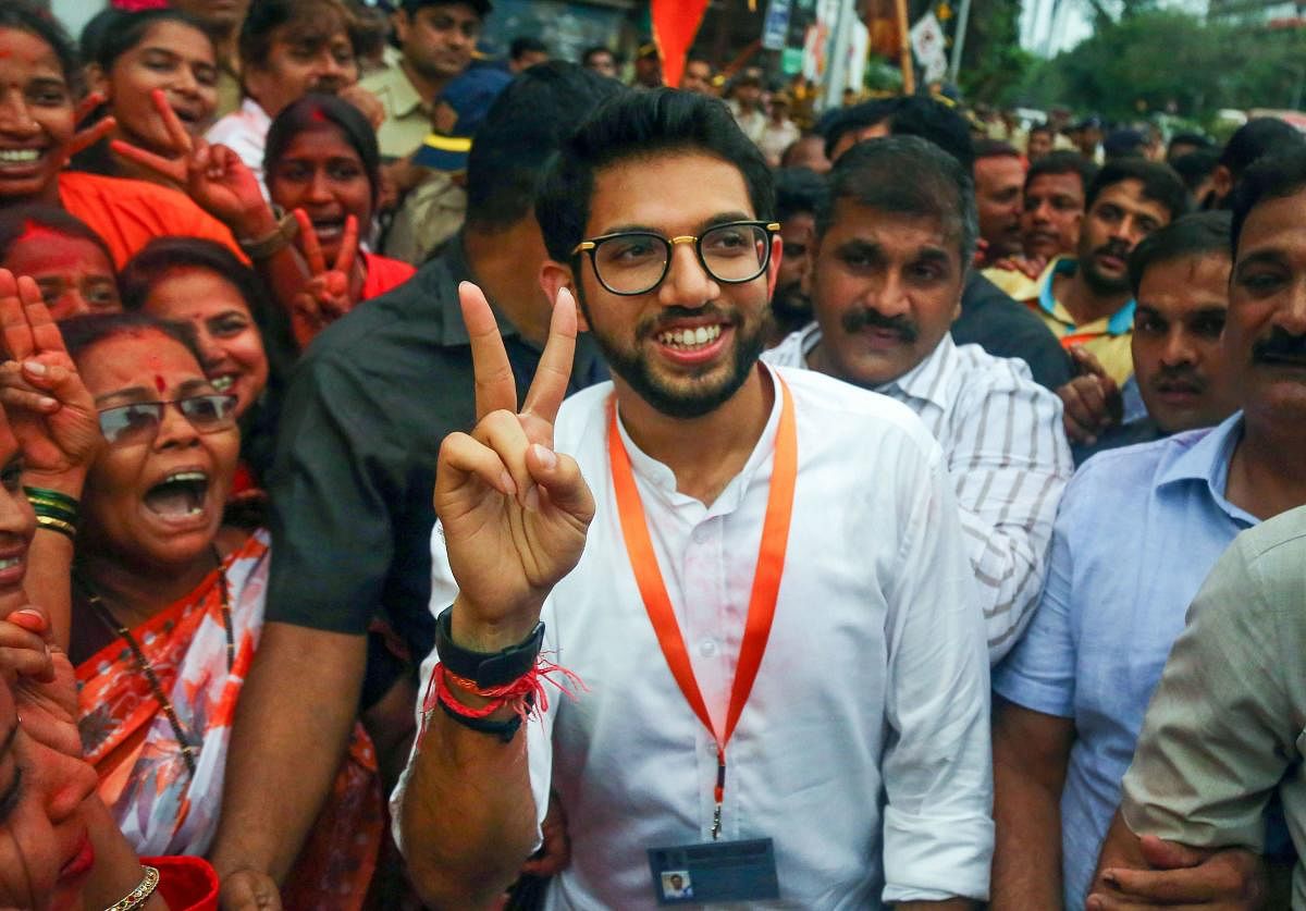 Yuvasena Chief Aaditya Thackeray outside counting centre after winning the assembly elections, Thursday, Oct. 24, 2019. (PTI Photo)