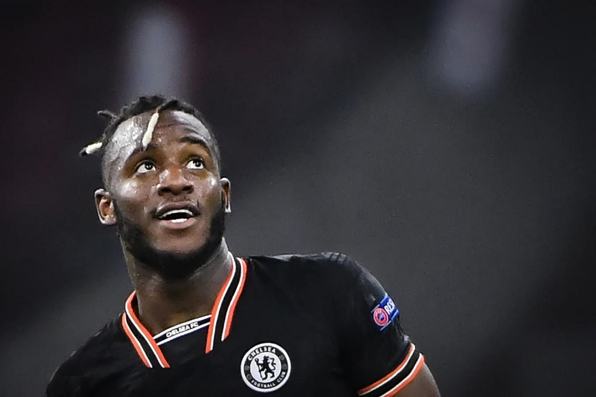 Chelsea's Belgian striker Michy Batshuayi reacts at the end of the UEFA Champions League Group H football match between Ajax Amsterdam and Chelsea on October 23, 2019 at the Johan Cruijff Arena, in Amsterdam. (Photo by John THYS / AFP)  Close  Selected