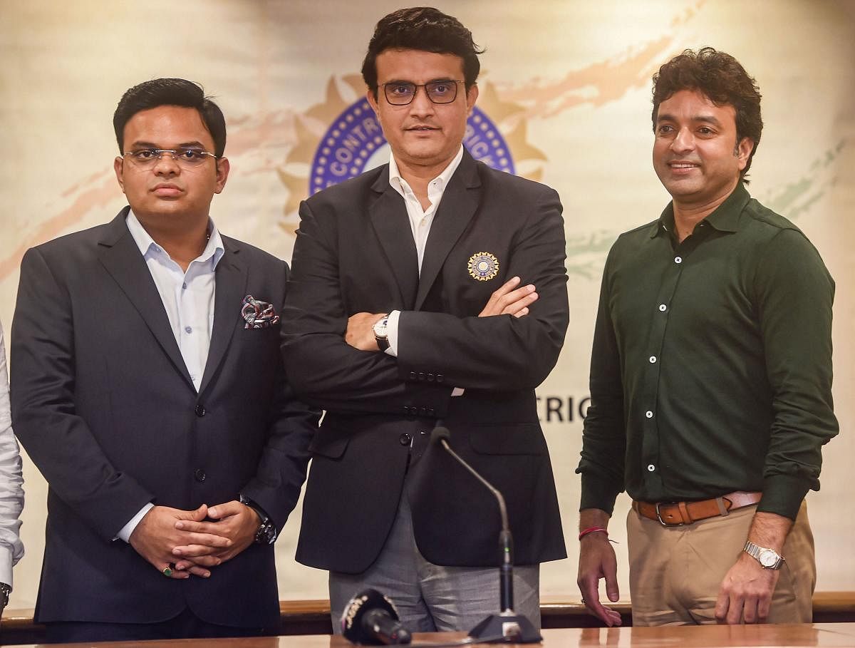 BCCI's new President Saurav Ganguly with Secretary Jai Shah and Treasurer Arun Singh Dhumal after a press conference at BCCI headquarters in Mumbai. PTI