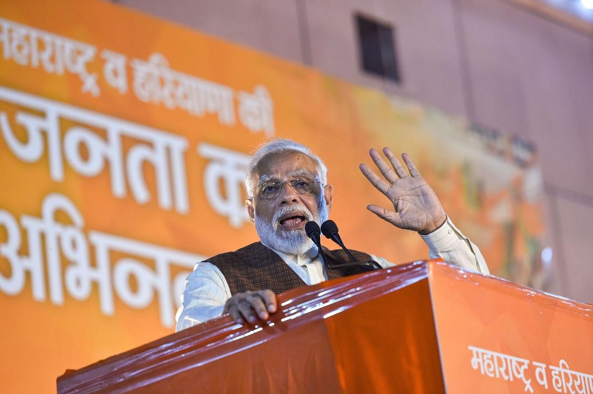 Prime Minister Narendra Modi addresses his supporters after the party's victory in both Haryana and Maharashtra Assembly polls, at BJP HQ, in New Delhi, Thursday, Oct 24, 2019. (PTI Photo/Arun Sharma)