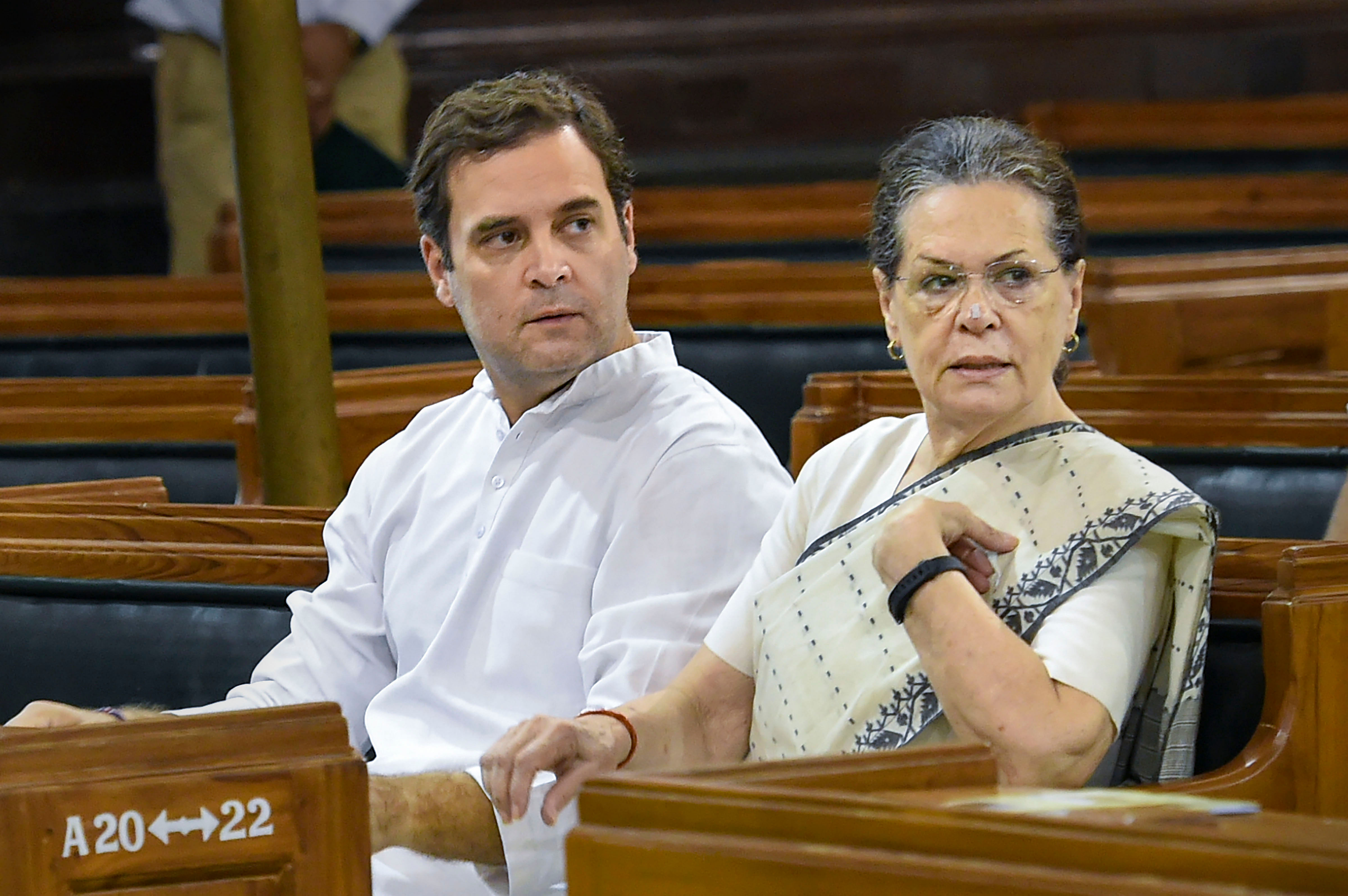 Congress President Sonia Gandhi and party leader Rahul Gandhi during a tribute-paying ceremony on the 150th birth anniversary of Mahatma Gandhi at Parliament House, in New Delhi. (PTI Photo)