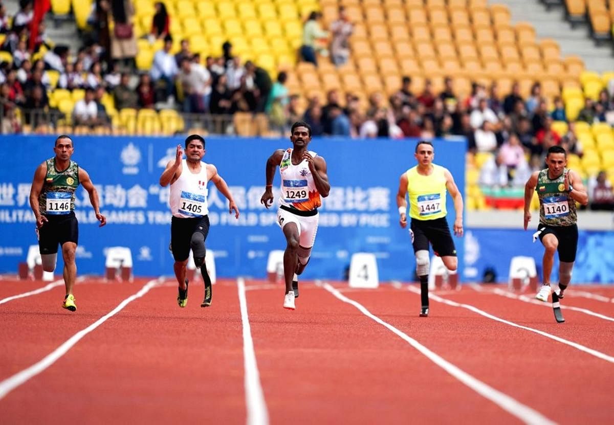 Subedar Anandan Gunasekaran (centre) at the military world games held in Wuhan, China, on Thursday. (Indian Army)