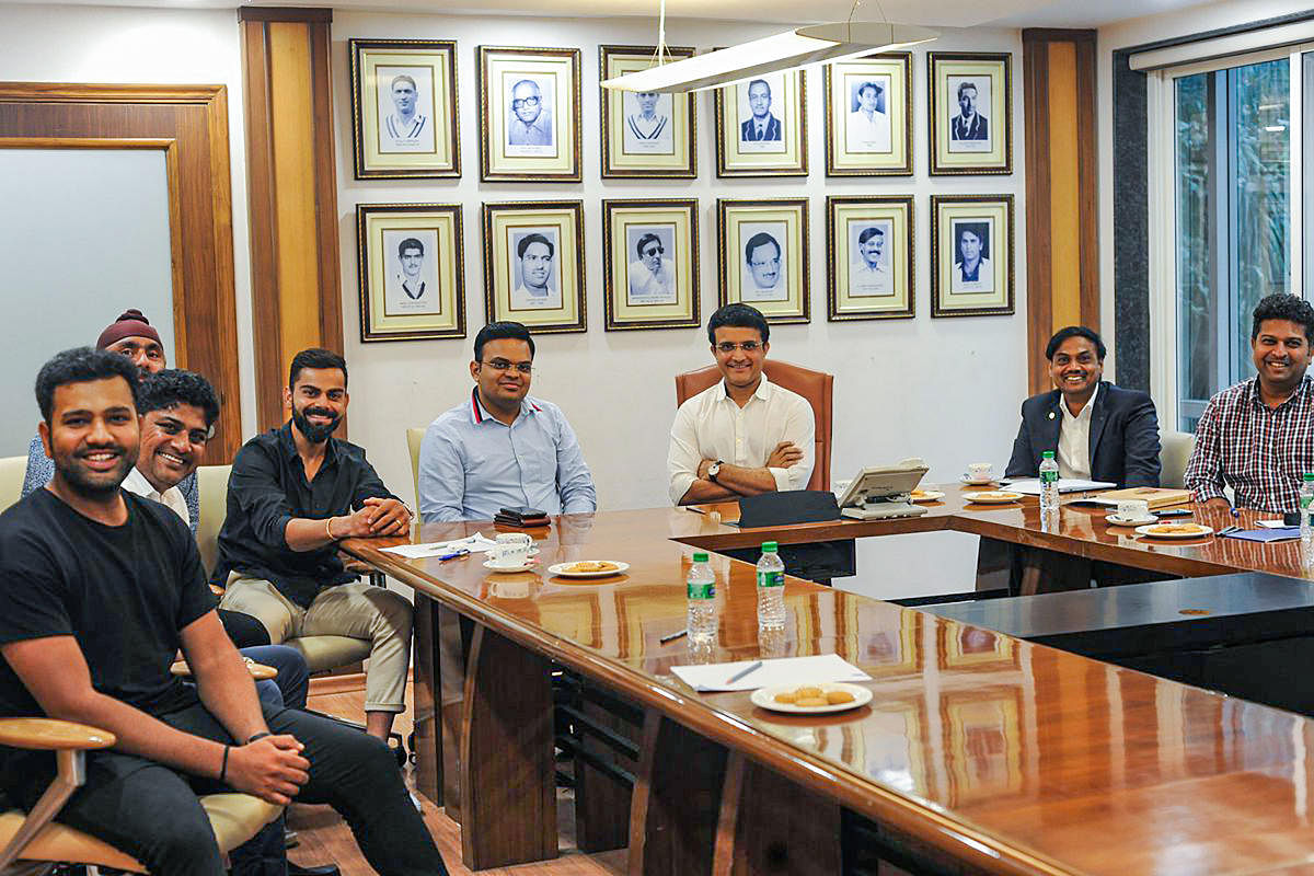 BCCI President Saurav Ganguly, BCCI Secretary Jay Shah, Indian cricket captain Virat Kohli, Vice-captain Rohit Sharma and others during the senior selection committee meeting in Mumbai, Thursday, Oct. 24, 2019. (PTI Photo)