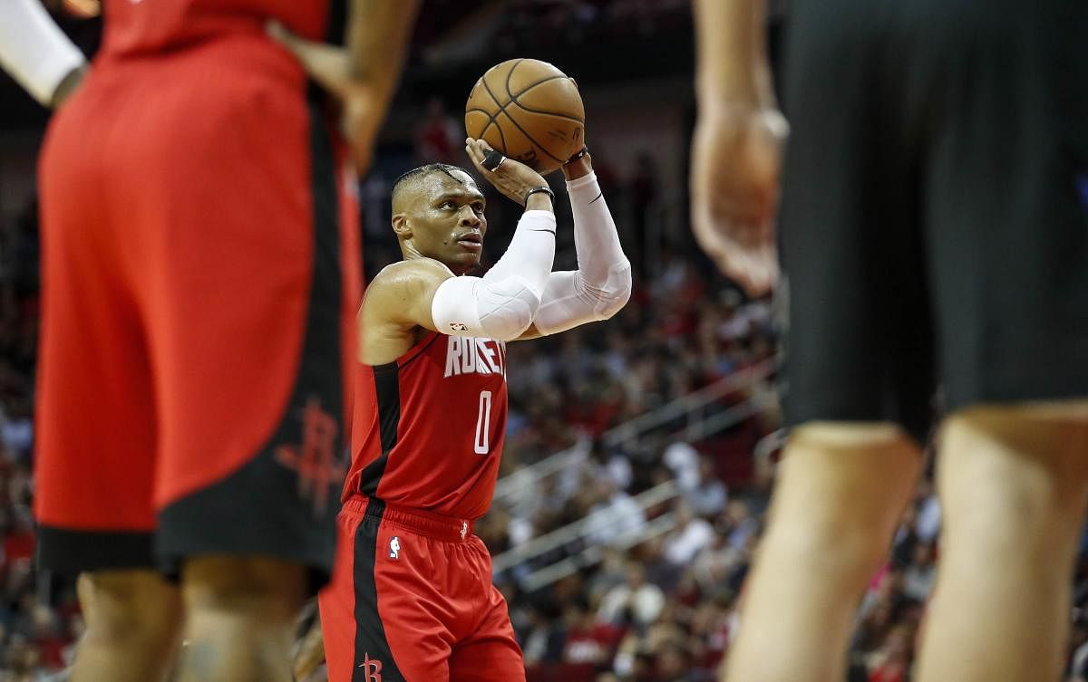 Russell Westbrook #0 of the Houston Rockets shoots a free throw in the second half against the Milwaukee Bucks at Toyota Center (AFP Photo)