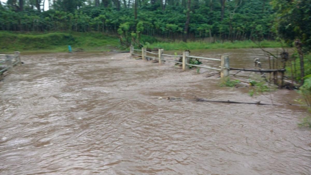 Water from a stream overflows on Kalasa-Balehonnur road at Magundi Mahalgodu near Balehonnur.