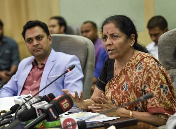 Finance Minister Nirmala Sitharaman with Chief Economic Advisor KV Subramanian addresses a press conference on 'Ease of Doing Business Rankings' in New Delhi, Thursday, Oct. 24, 2019. (PTI photo)