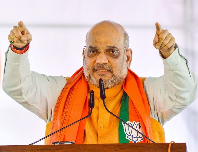 Home Minister Amit Shah addresses a public meeting ahead of Maharashtra Assembly election, in Karad. (PTI Photo)
