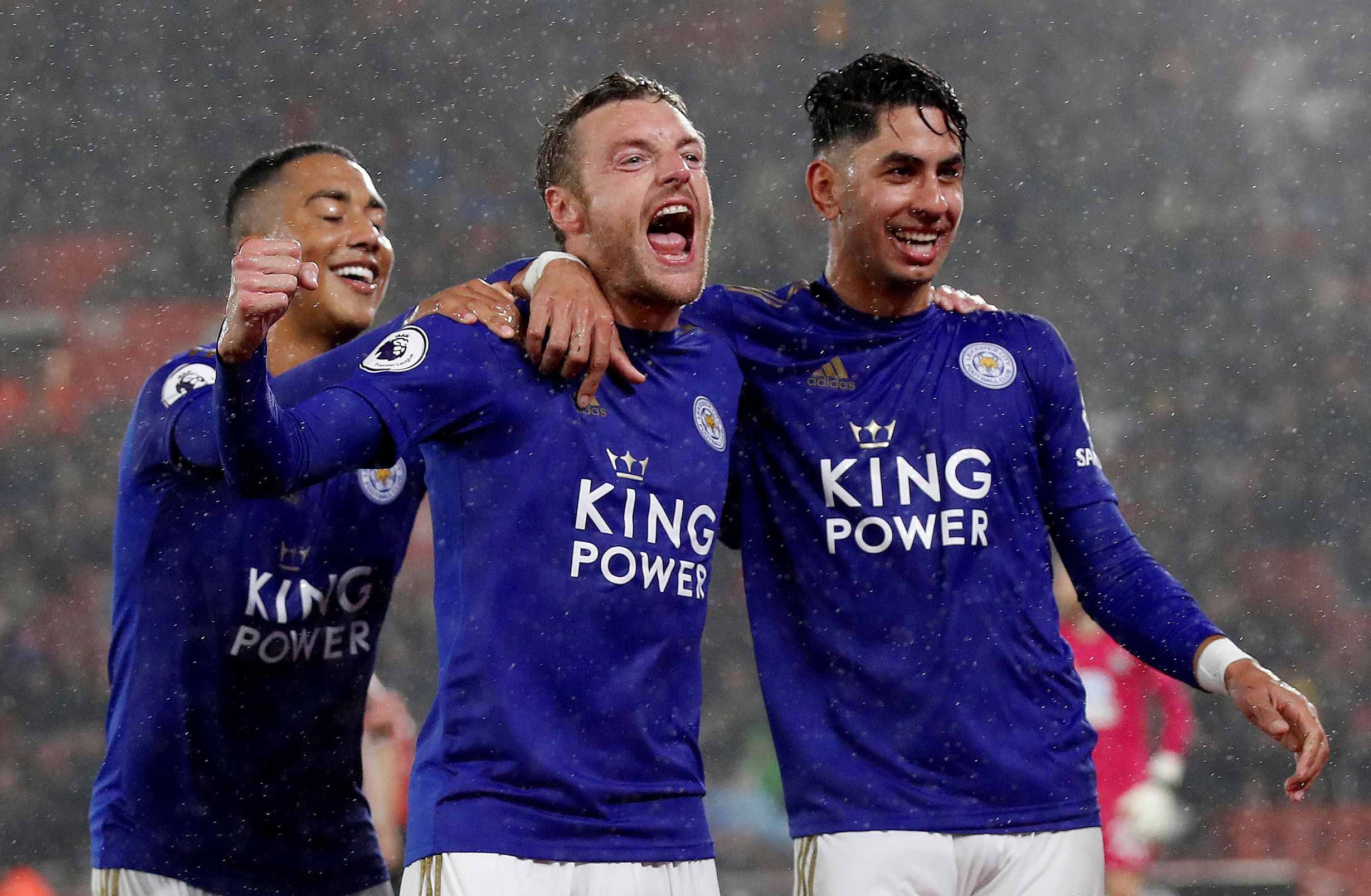 Leicester City’s Jamie Vardy (centre) celebrates with team-mates Ayoze Perez (right) and Youri Tielemans after scoring their fifth goal against Southampton. Reuters  