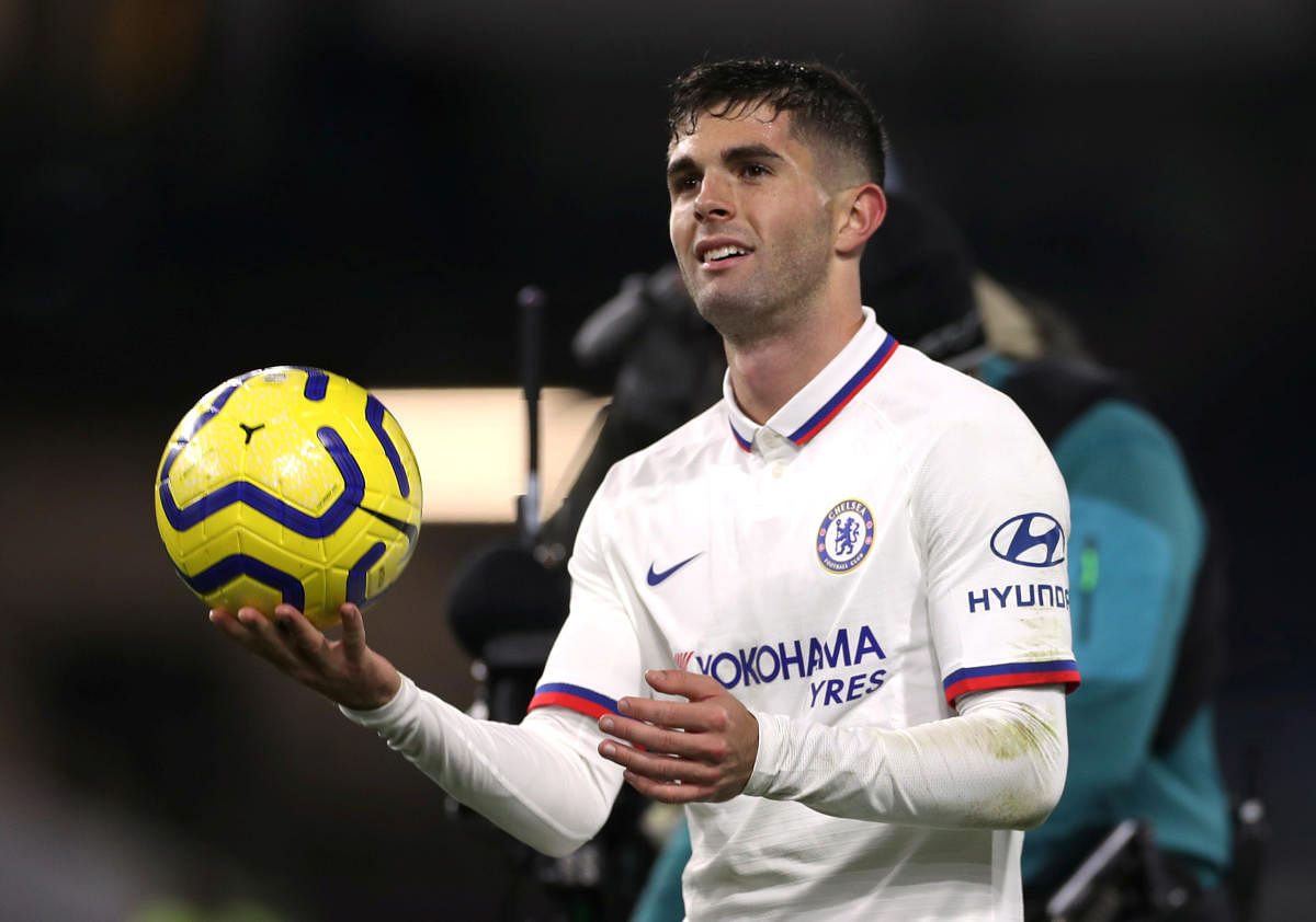 Chelsea's Christian Pulisic celebrates with the match ball after the match. Reuters photo