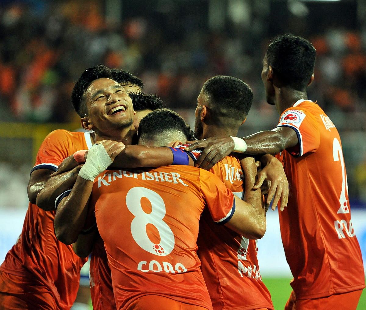 FC Goa player celebrate after their win against Chennayin FC in the 4th match of the 6th edition of the ISL played at Nehru Stadium, Fatorda, Goa, Wednesday, Oct. 23, 2019. (PTI Photo)