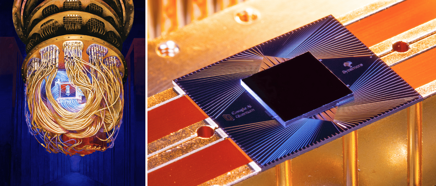 Left: Artist's rendition of the Sycamore processor mounted in the cryostat. (Forest Stearns, Google AI Quantum Artist in Residence) Right: Photograph of the Sycamore processor. (Erik Lucero, Research Scientist and Lead Production Quantum Hardware)