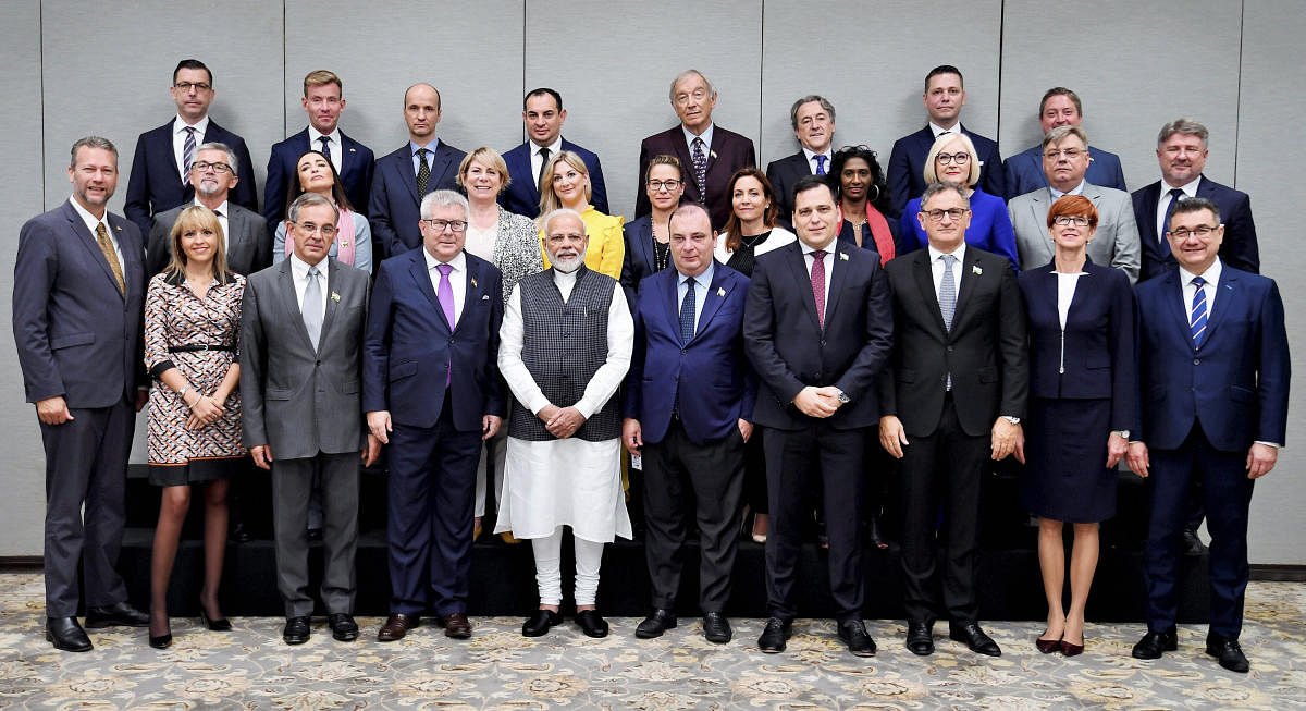 Prime Minister Narendra Modi poses for a photograph with the members of European Parliament during a call on, in New Delhi, Monday, Oct. 28, 2019. (Twitter/ PTI Photo)