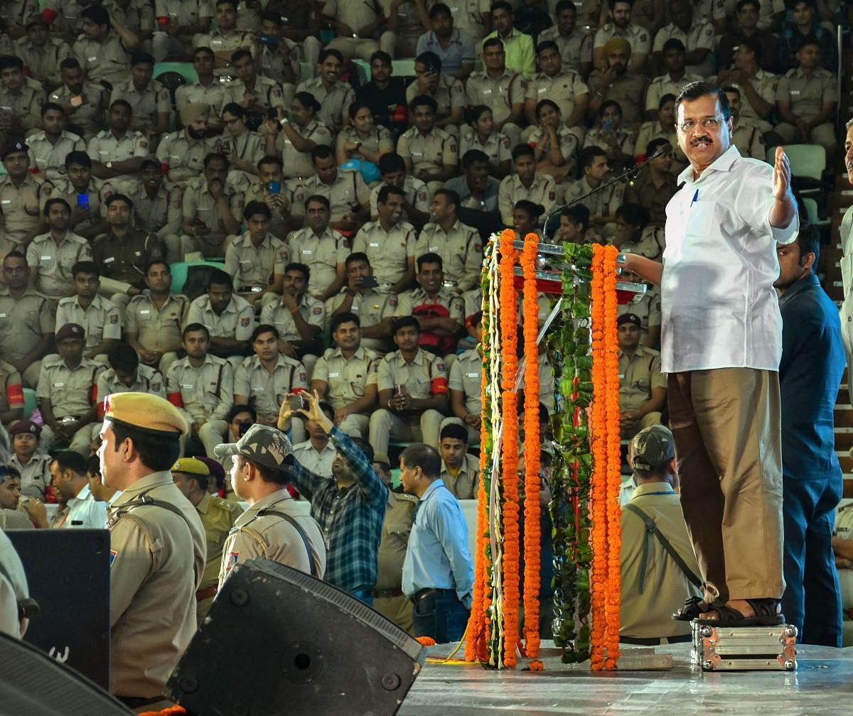 Delhi Chief Minister Arvind Kejriwal addresses during a ceremony to induct 6000 bus marshals, in New Delhi, Monday, Oct. 28, 2019. (PTI Photo)