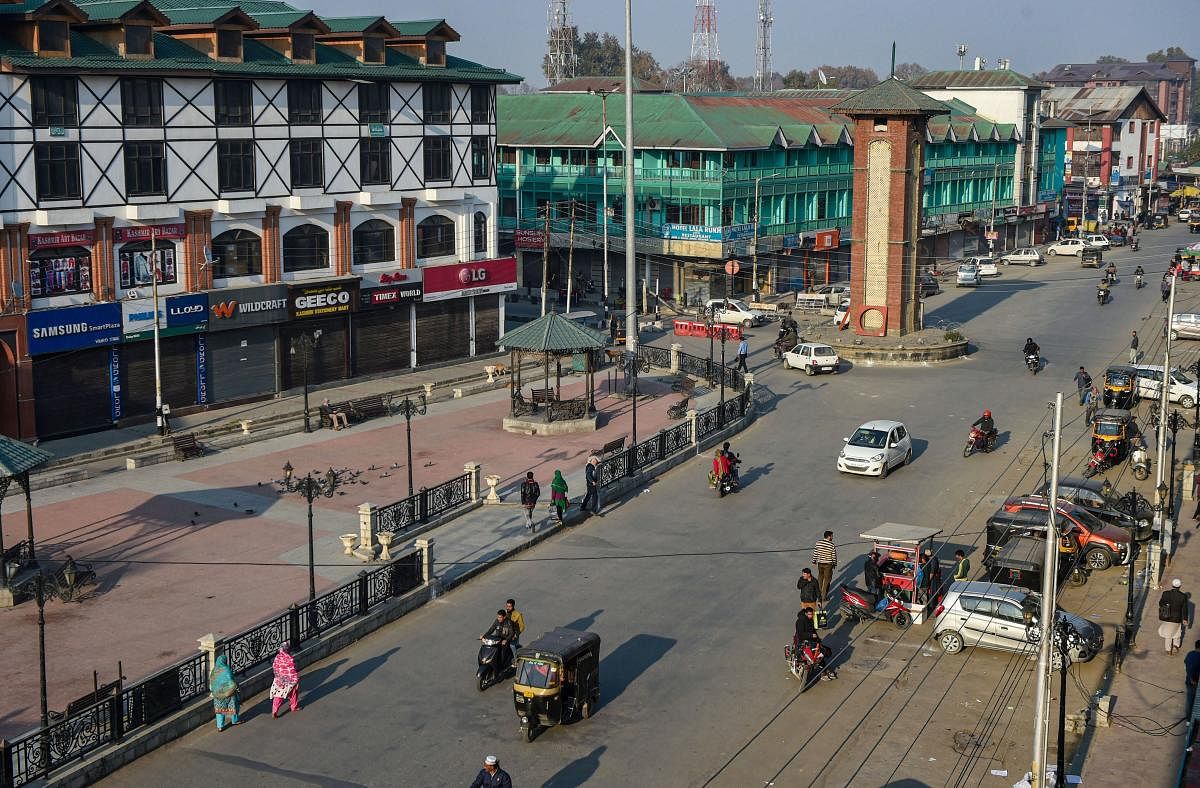  A view of Lal Chowk during restrictions in Srinagar. PTI Photo