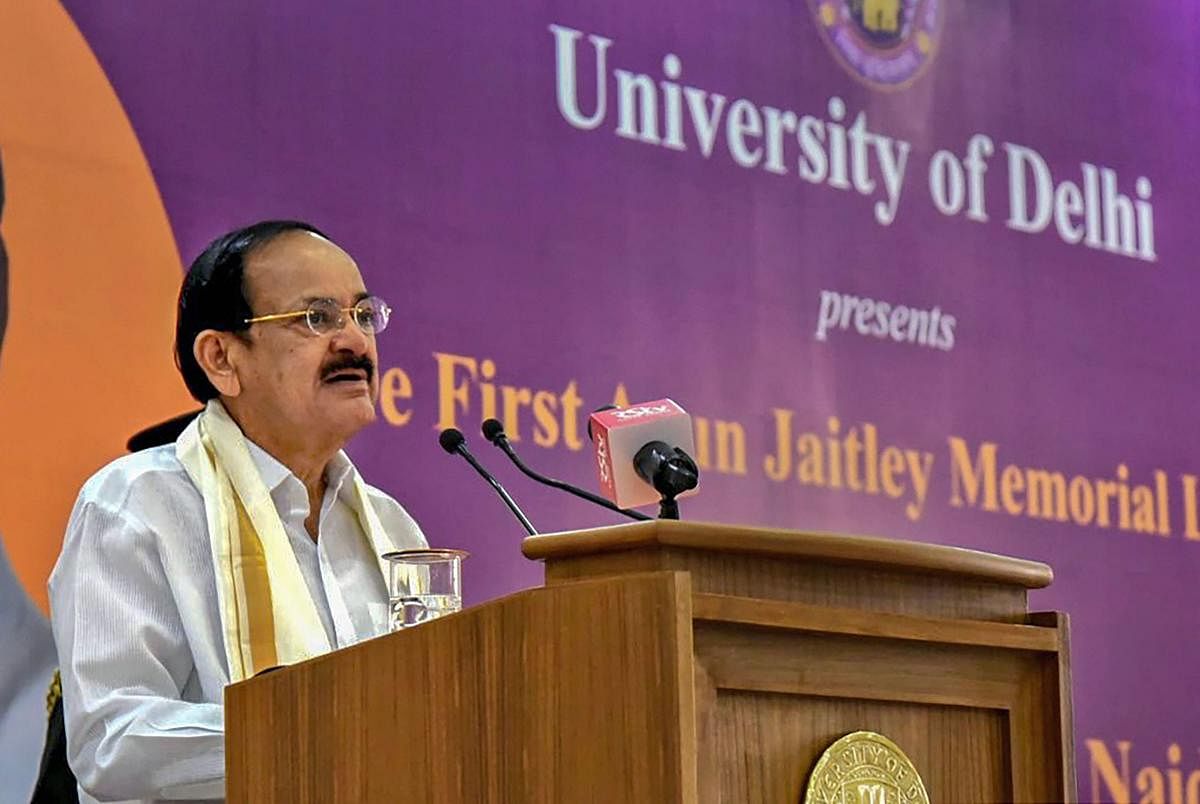 Vice President Venkaiah Naidu speaks during the 'First Arun Jaitley Memorial Lecture' organised by Delhi University in New Delhi, Tuesday, Oct. 29, 2019. (Twitter/PTI Photo)