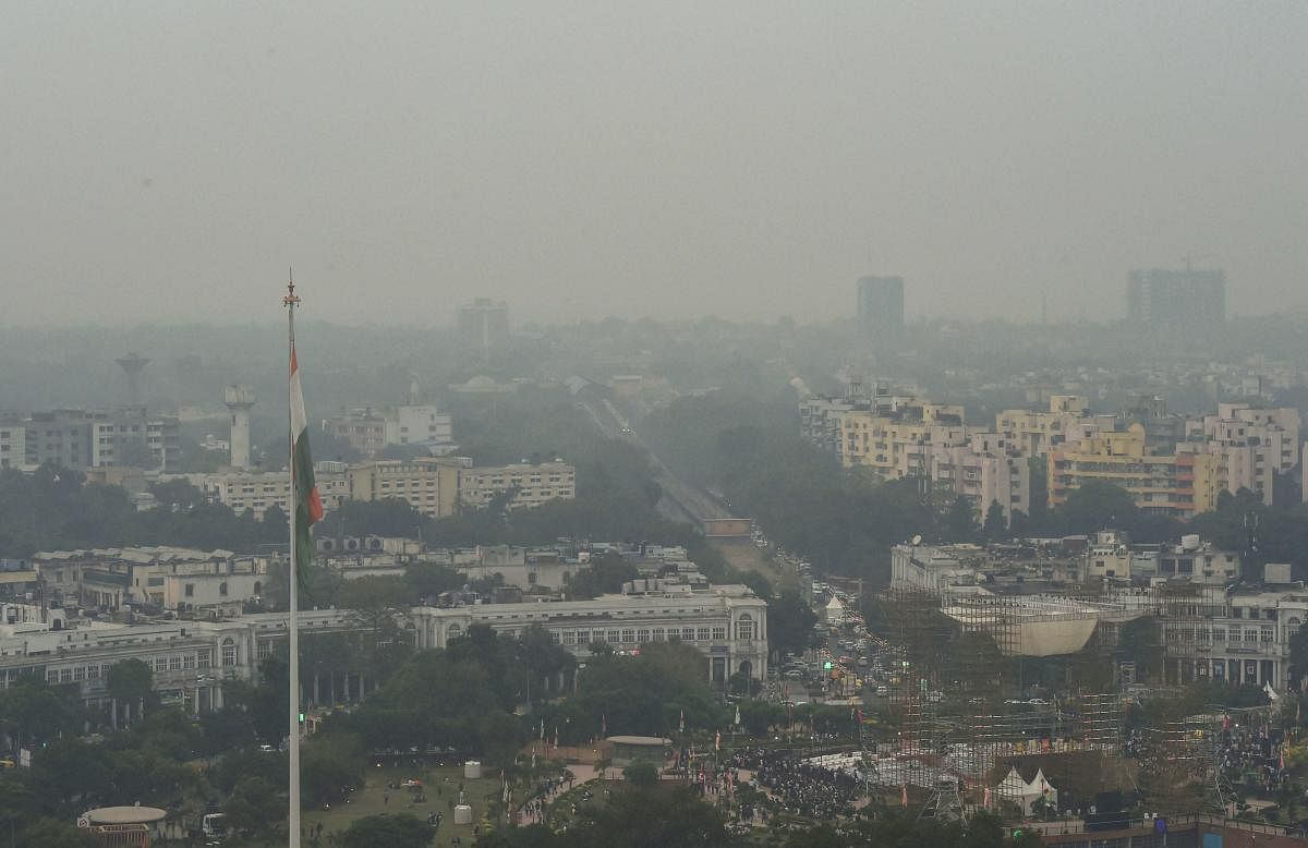 An aerial view of Connaught Place shrouded in heavy haze post-Diwali celebrations, in New Delhi. (PTI Photo)